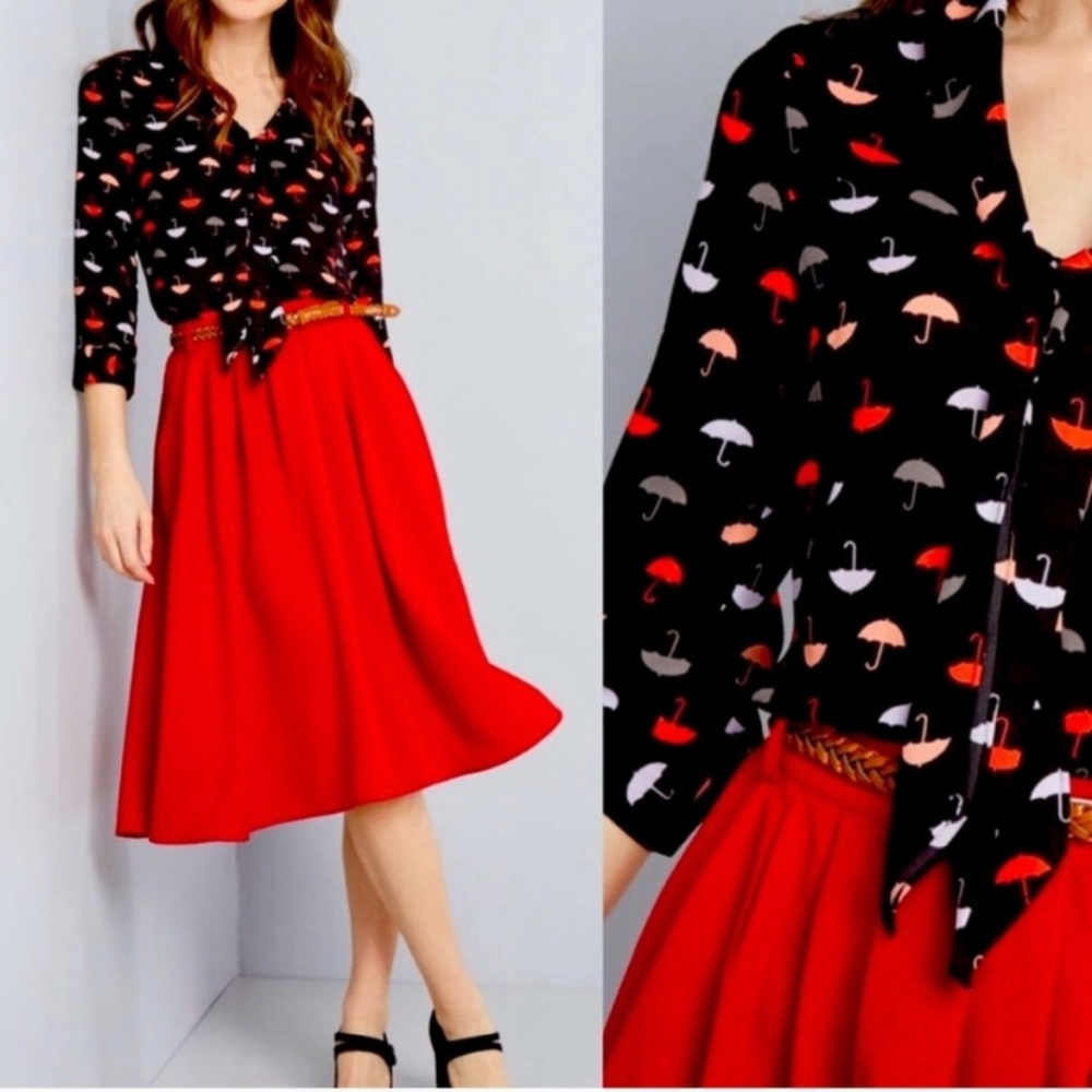 ModCloth Black Umbrella Print Tie Neck Long Sleeve Blouse Womens